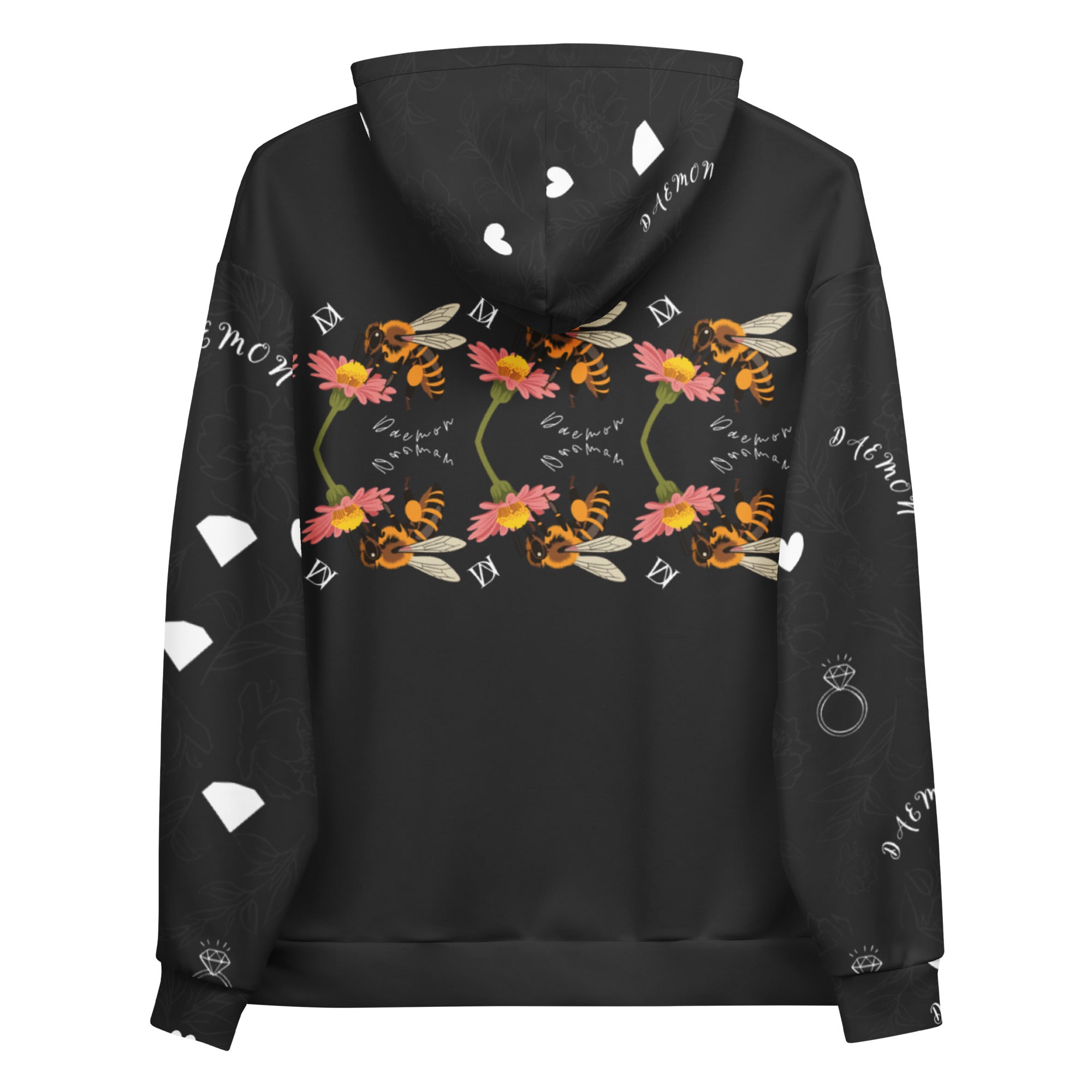 Rebirth Felpa Cappucio hoodie by Daemon Luxury featuring all-over honeybee mirror print on white recycled fabric.