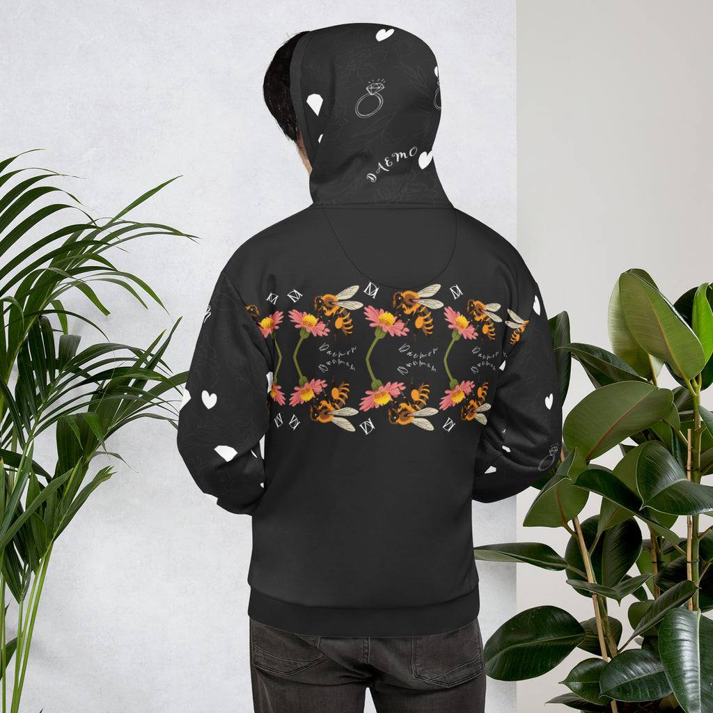 Daemon Luxury Florette Rebirth Honeybee Mirrors unisex hoodie with all-over printed recycled white fabric and hood.