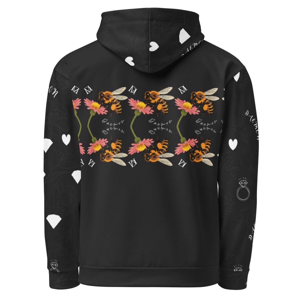 Daemon Luxury Florette Rebirth Honeybee Mirrors unisex recycled hoodie with all-over white print, front and back views.