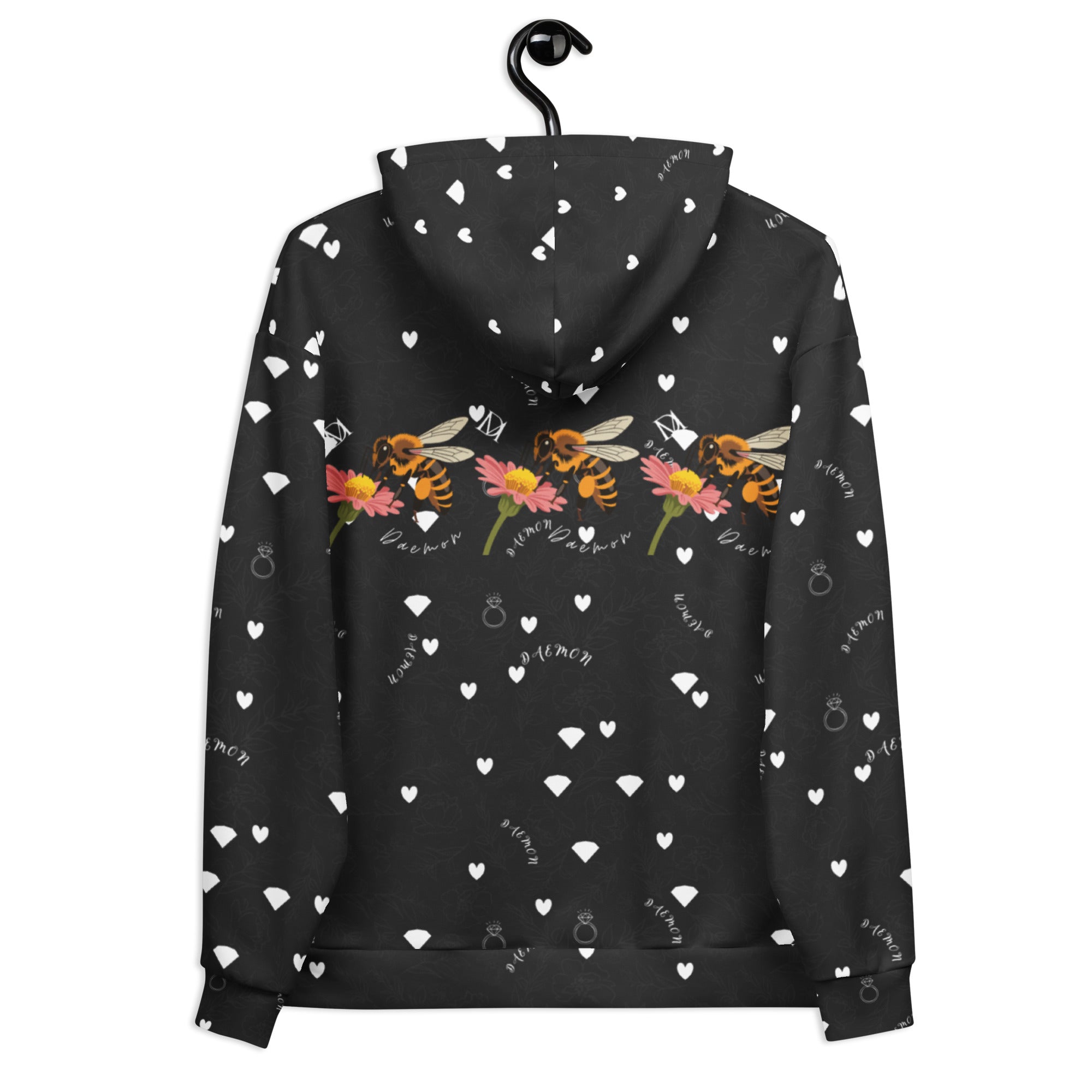 Unisex white hoodie with all-over honeybee and floral print, Daemon Luxury Florette Rebirth Felpa Cappuccio, recycled fabric design
