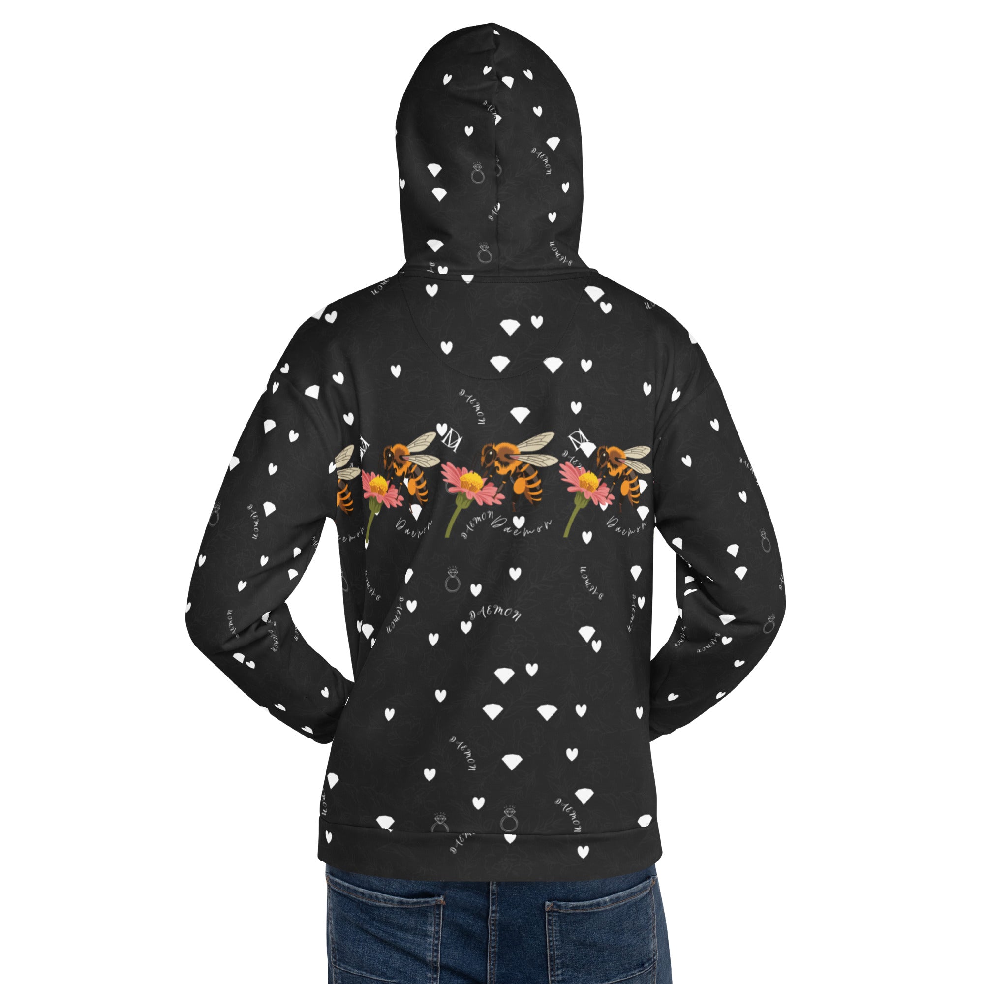 Daemon Luxury Florette Rebirth Honeybee Bliss unisex hoodie with all-over white recycled print and adjustable hood.