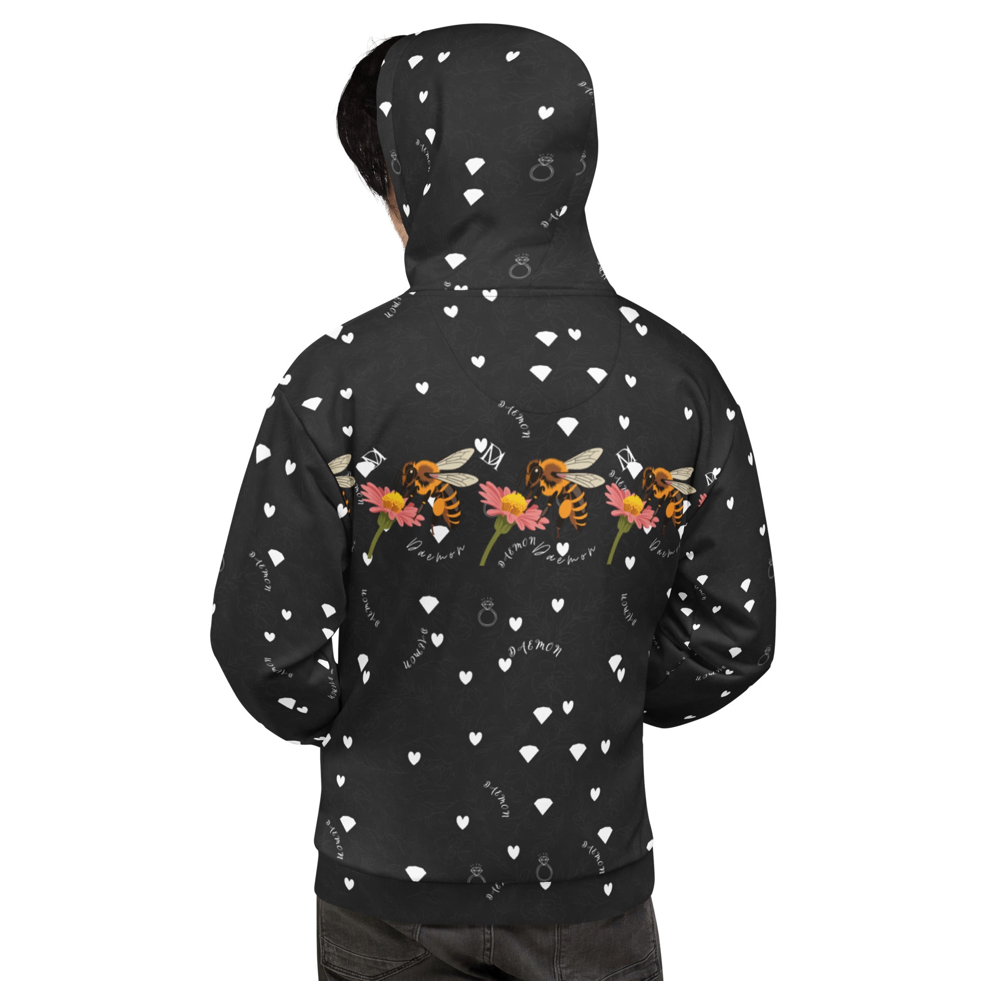 Daemon Luxury Florette Rebirth Honeybee Bliss unisex hoodie with all-over print on white recycled fabric, back view