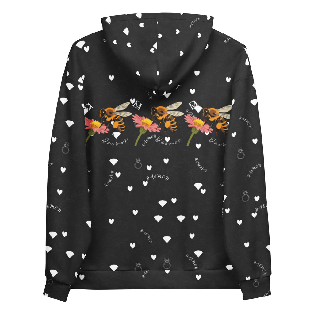 Daemon Luxury Florette Rebirth Honeybee Bliss unisex hoodie with all-over recycled print, white background, casual and stylish.