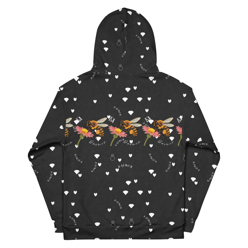 Daemon Luxury Florette Rebirth Honeybee Bliss unisex hoodie with all-over white recycled print and hood, front and back views.
