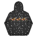 Daemon Luxury Florette Rebirth Honeybee Bliss unisex hoodie with all-over white recycled print and hood, front and back views.