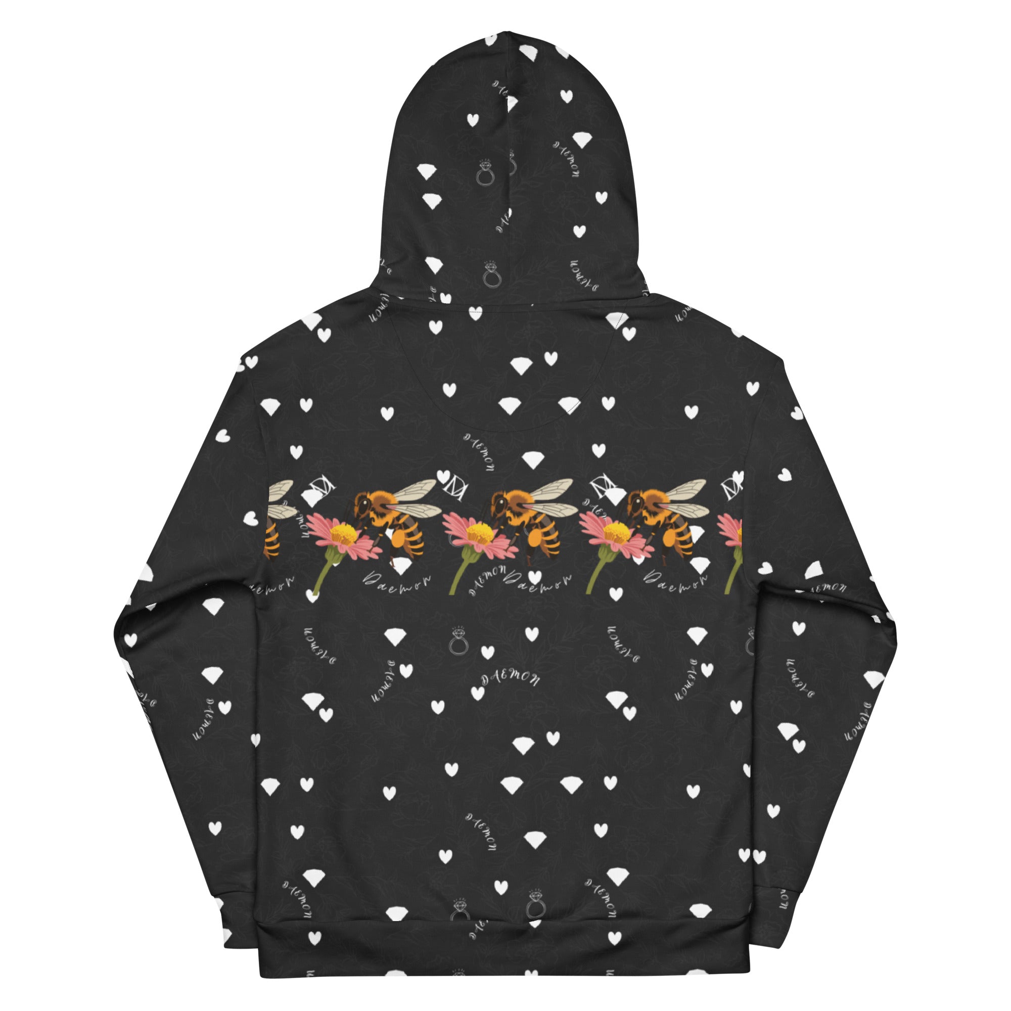 Daemon Luxury Florette Rebirth Honeybee Bliss unisex hoodie with all-over white recycled print and hood, front and back views.
