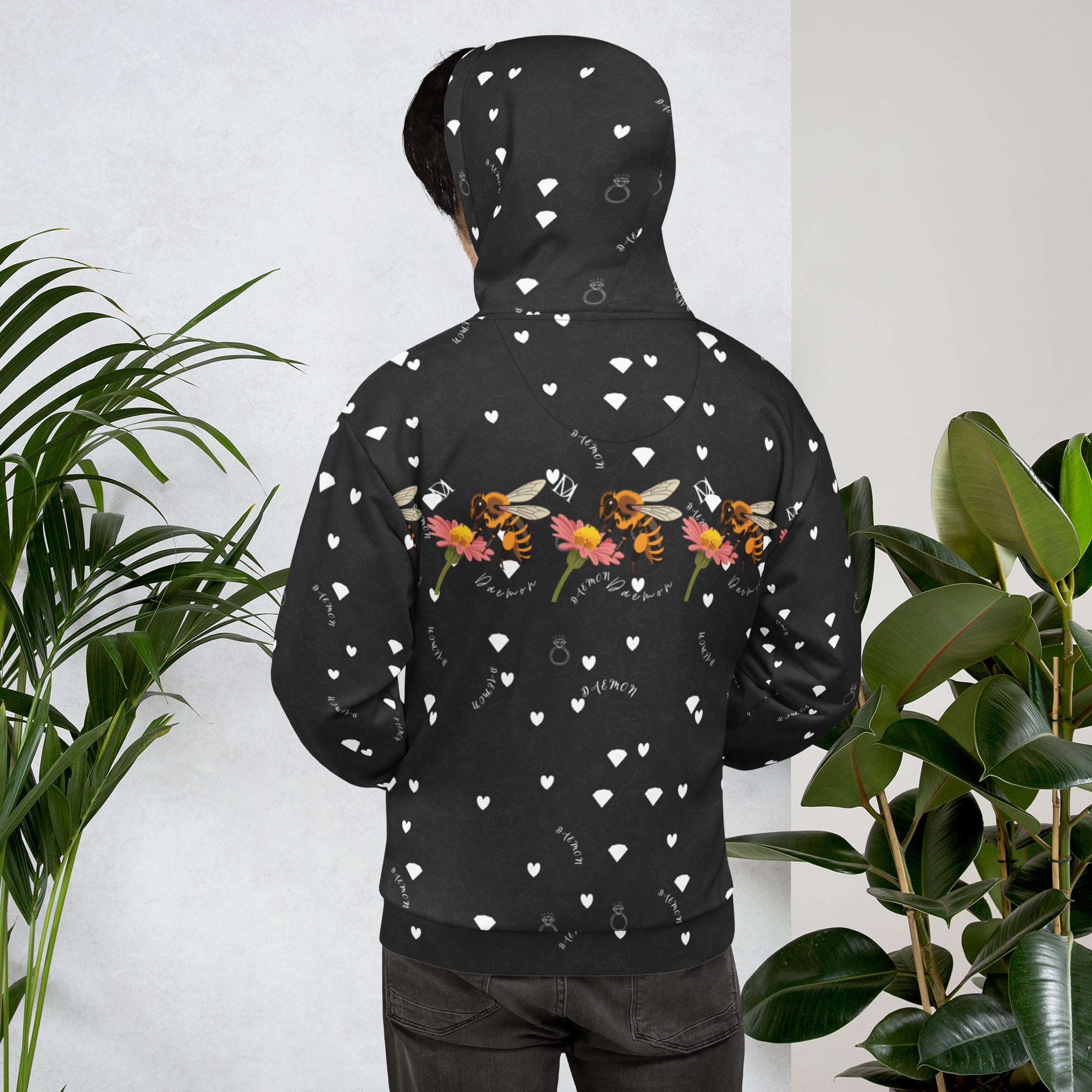 Daemon Luxury Florette Rebirth Honeybee Bliss unisex hoodie with all-over print, recycled fabric, white background, back view