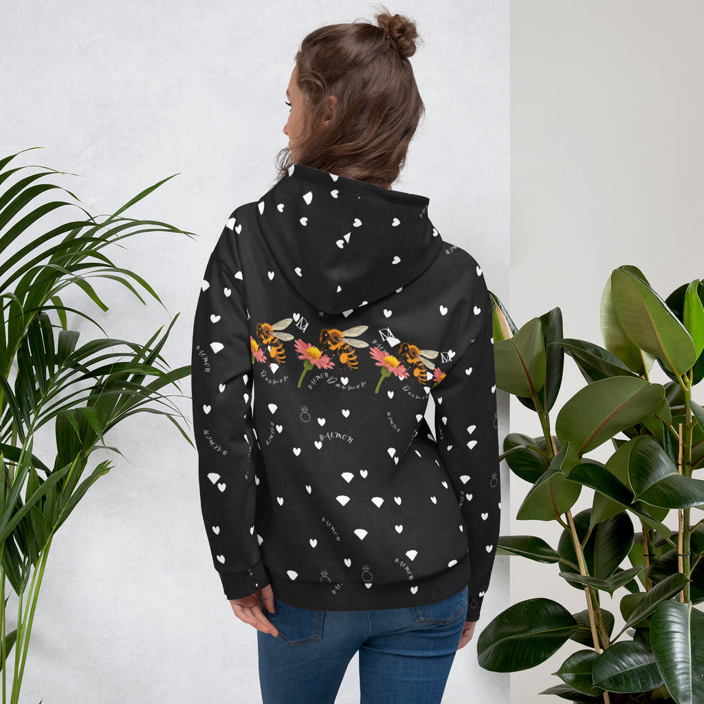 Daemon Luxury Florette Rebirth Honeybee Bliss unisex hoodie with all-over white recycled print and hood, front view.