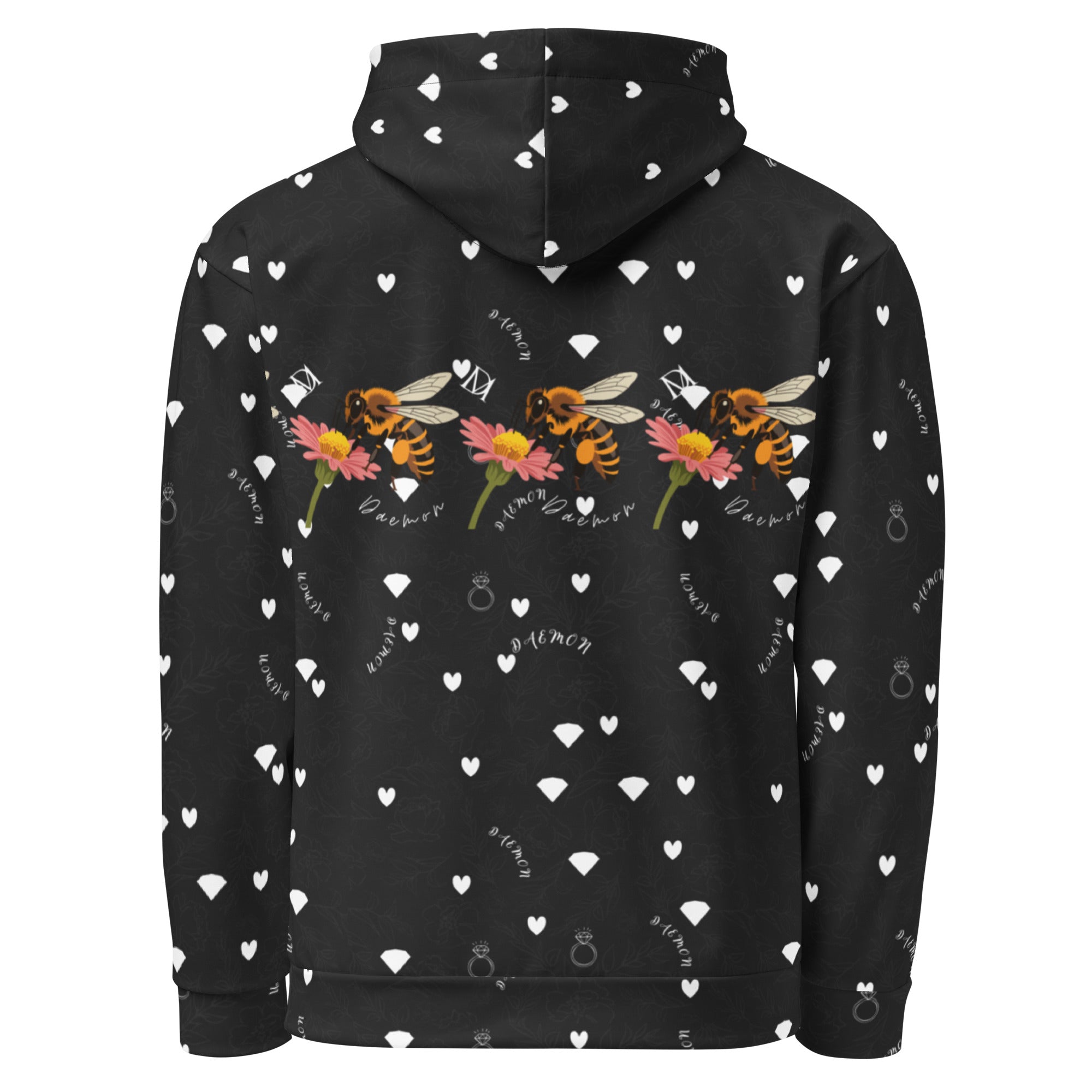 All-over print white Florette Rebirth honeybee Bliss hoodie from Daemon Luxury, unisex recycled cotton with a back design.