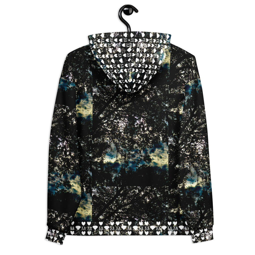 Unisex white hoodie with stitched frames design from Daemon Luxury's Panther Canyon collection, featuring all-over recycled print.