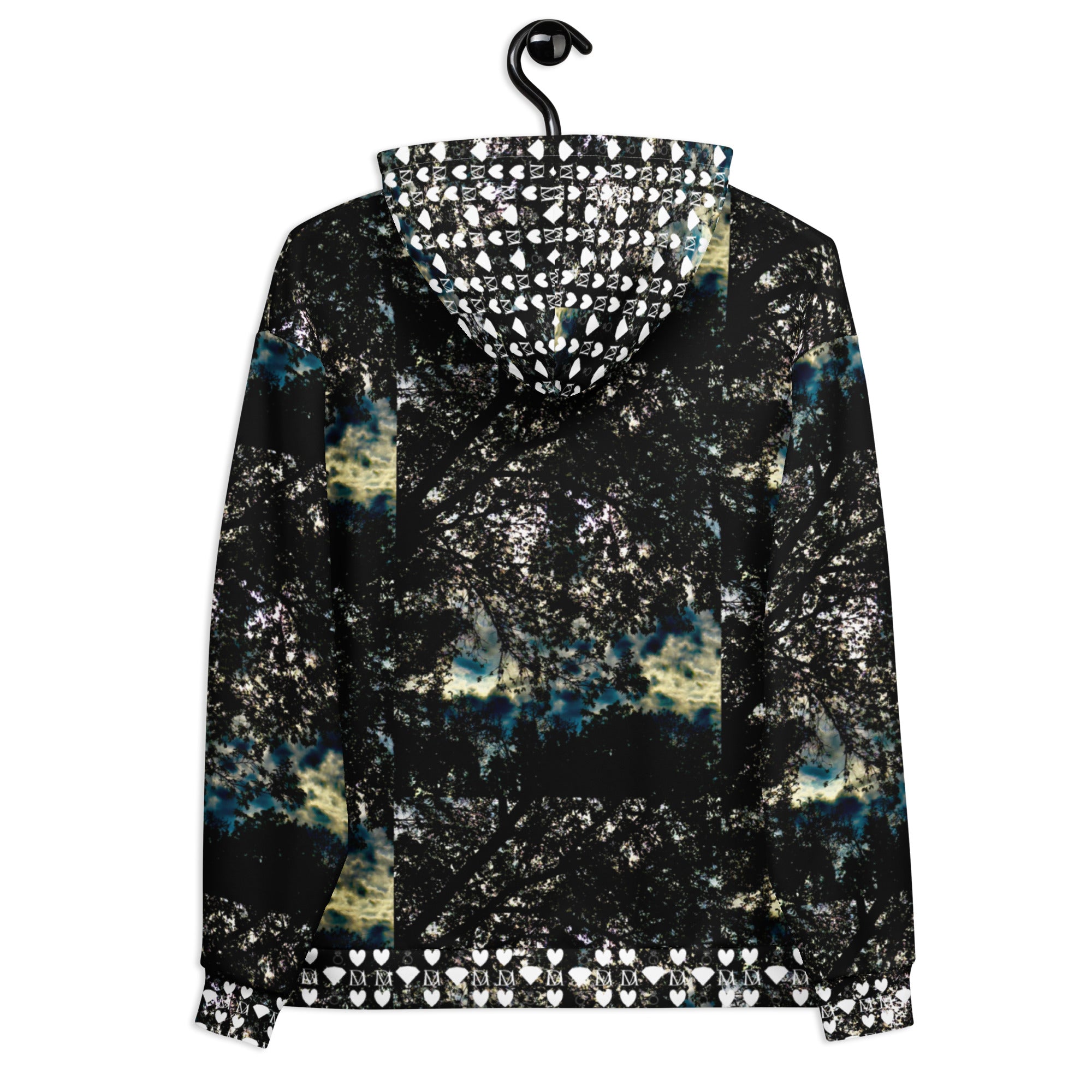 Unisex white hoodie with stitched frames design from Daemon Luxury's Panther Canyon collection, featuring all-over recycled print.