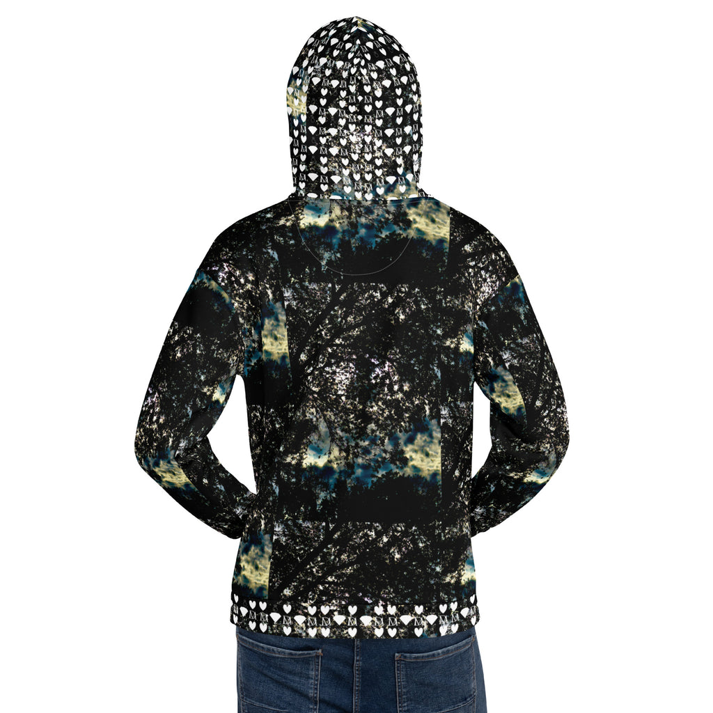 Unisex white hoodie with all-over stitched frames pattern from Daemon Luxury's Panther Canyon collection.