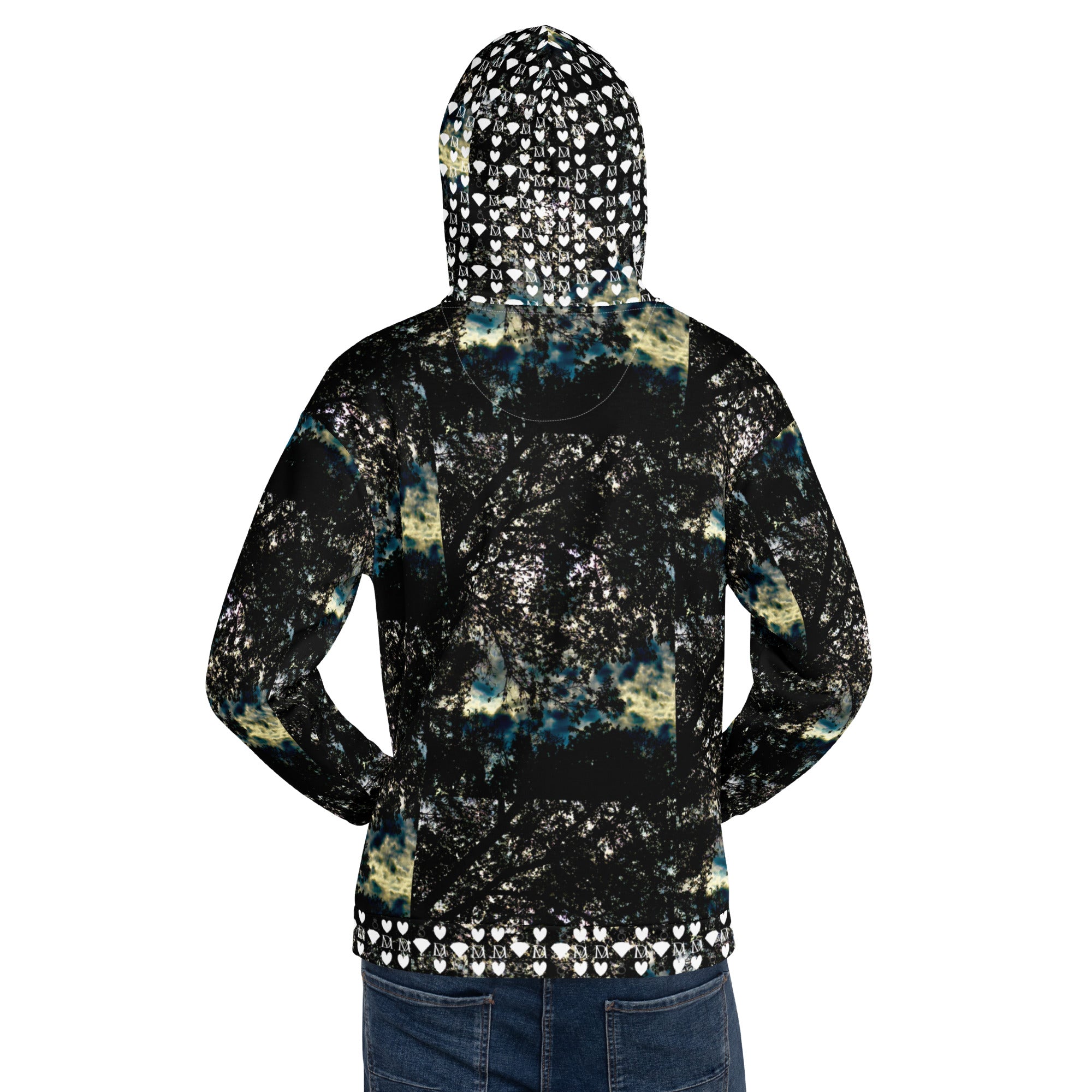 Unisex white hoodie with all-over stitched frames pattern from Daemon Luxury's Panther Canyon collection.
