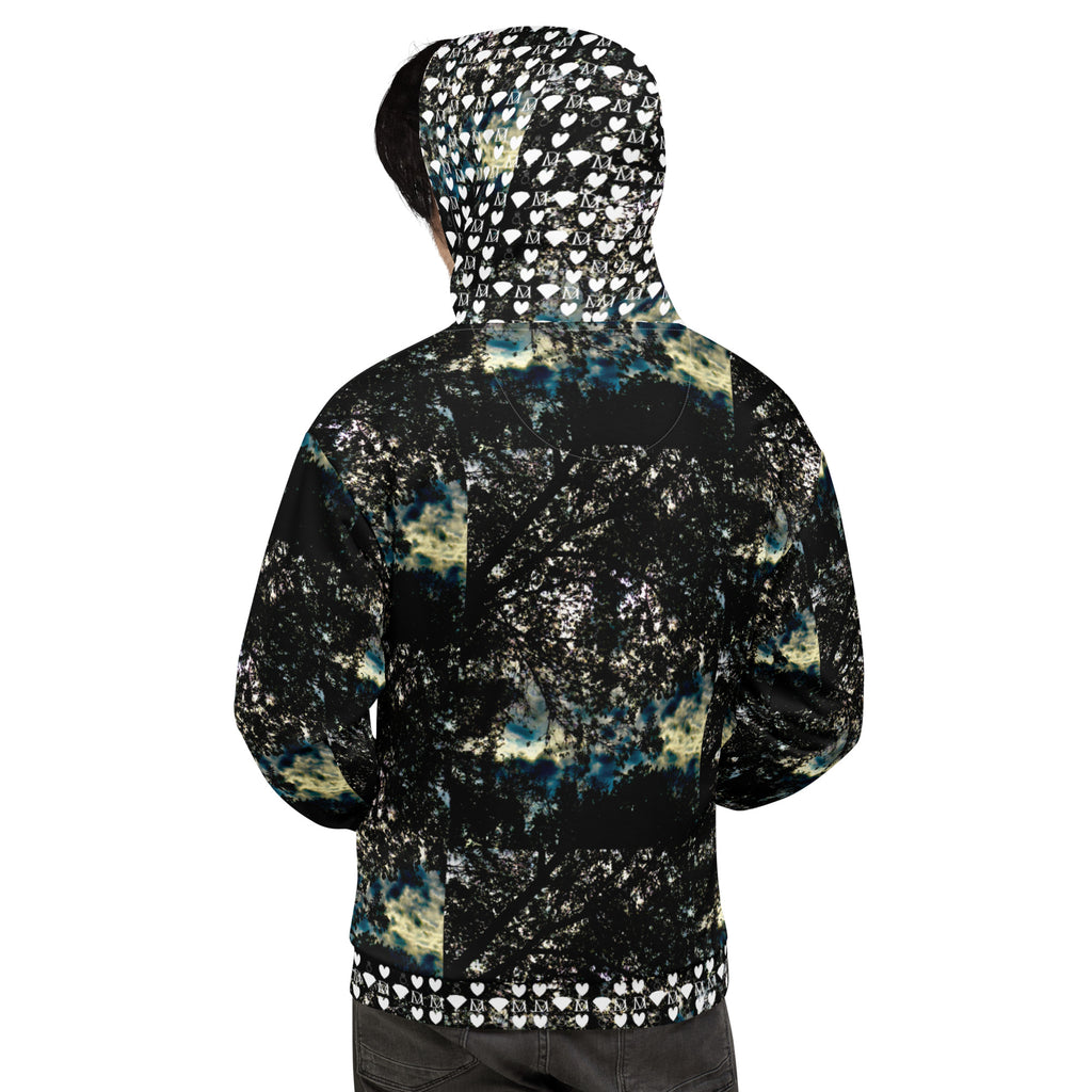 Unisex white hoodie with stitched frames Panther Canyon print by Daemon Luxury, featuring all-over recycled fabric design.