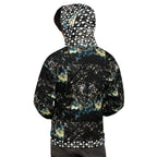 Unisex white hoodie with stitched frames Panther Canyon print by Daemon Luxury, featuring all-over recycled fabric design.