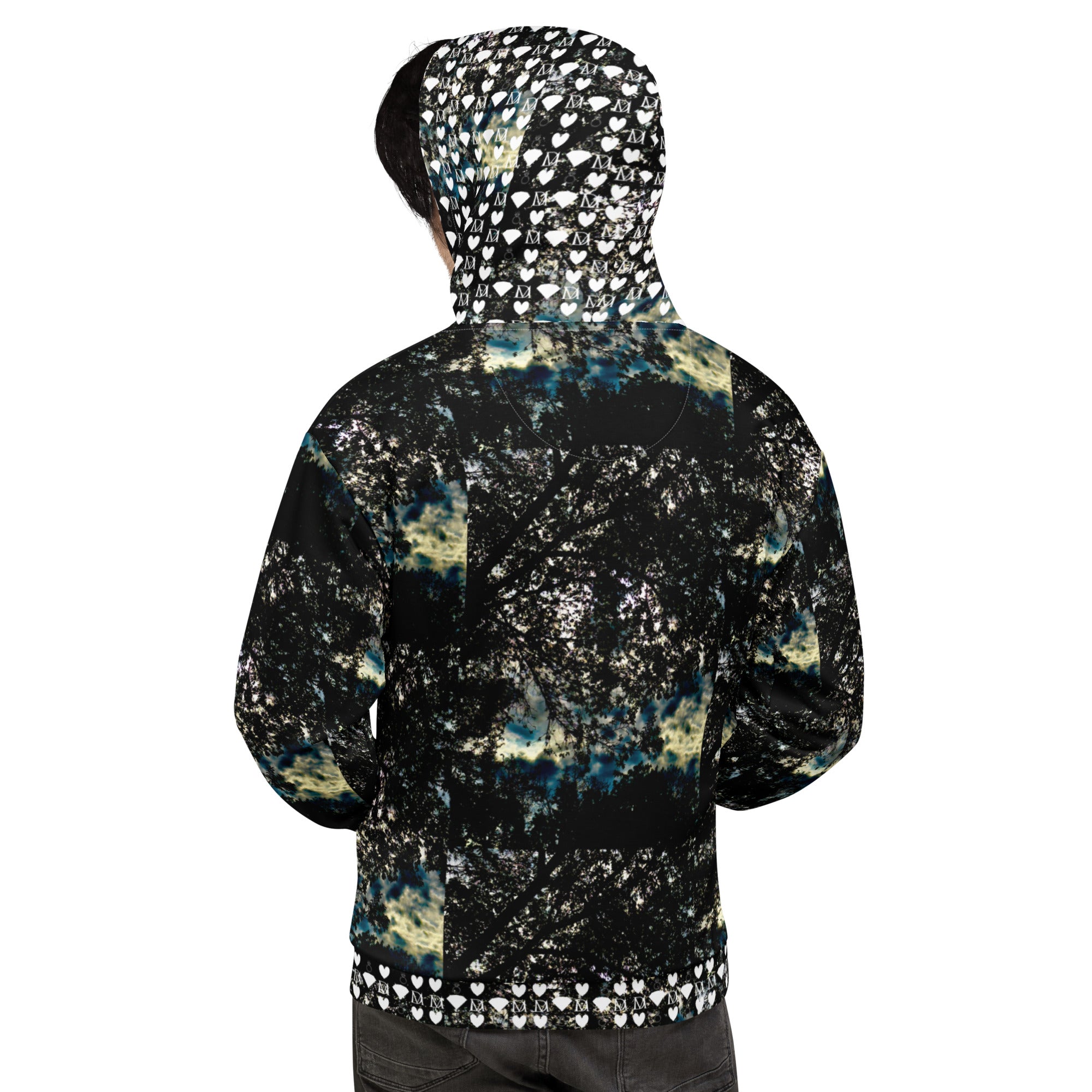 Unisex white hoodie with stitched frames Panther Canyon print by Daemon Luxury, featuring all-over recycled fabric design.