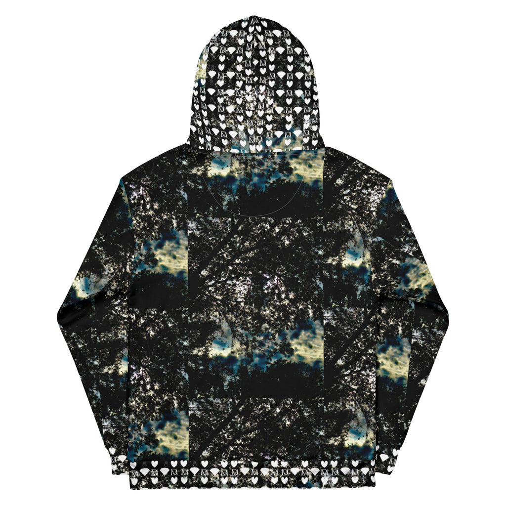 Recycled white unisex hoodie with stitched frames Panther Canyon design by Daemon Luxury, featuring all-over print and hood.