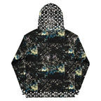 Recycled white unisex hoodie with stitched frames Panther Canyon design by Daemon Luxury, featuring all-over print and hood.