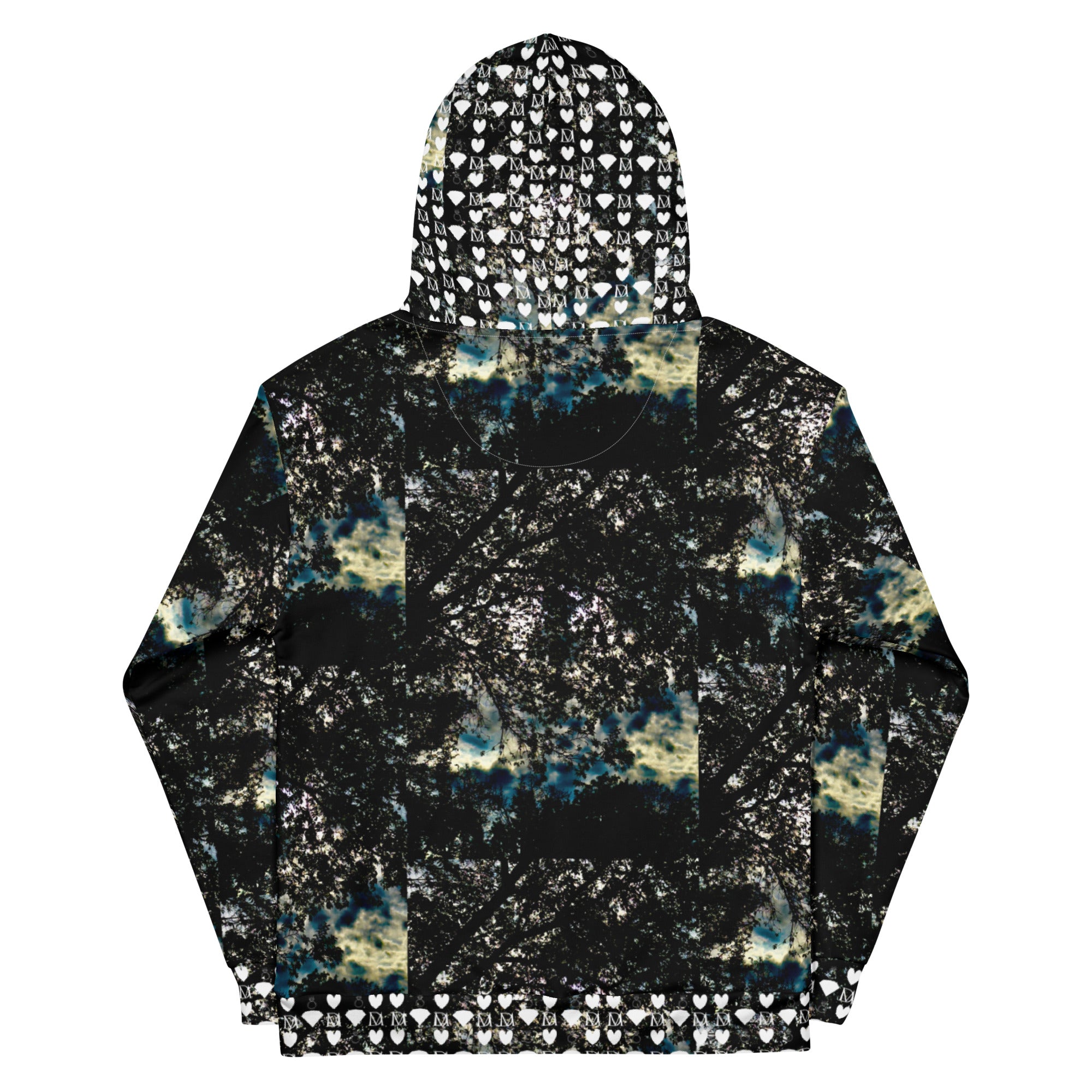 Recycled white unisex hoodie with stitched frames Panther Canyon design by Daemon Luxury, featuring all-over print and hood.