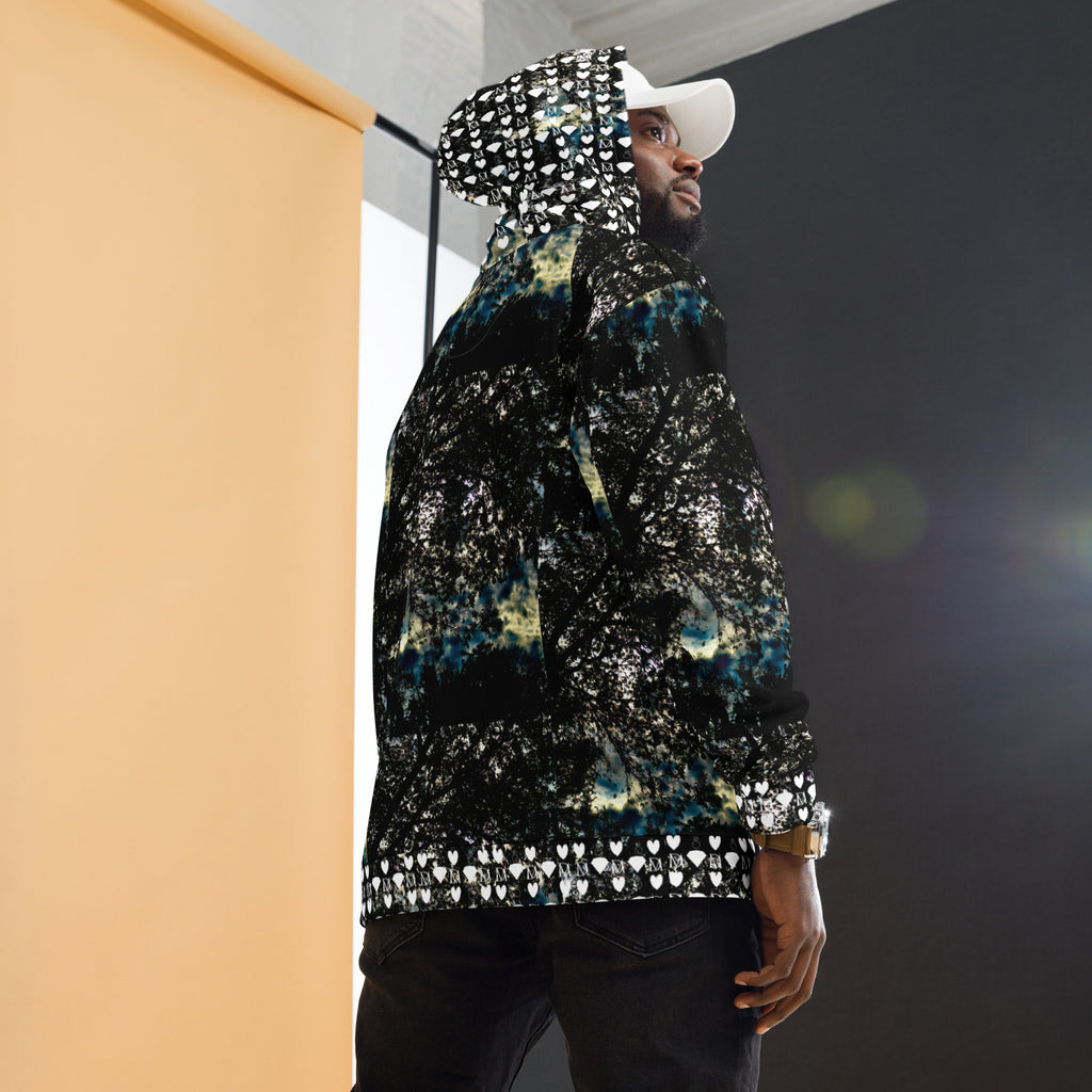 Unisex white hoodie with stitched frames and all-over Panther Canyon print by Daemon Luxury, featuring a front pouch pocket and drawstring hood.