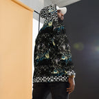 Unisex white hoodie with stitched frames and all-over Panther Canyon print by Daemon Luxury, featuring a front pouch pocket and drawstring hood.