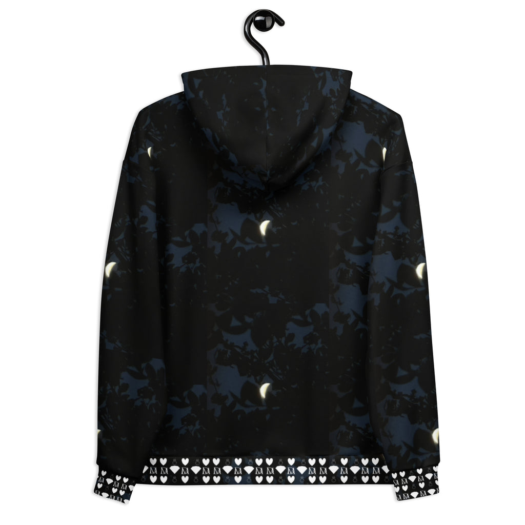 White unisex hoodie with all-over Nightcrawler Coordinate Secret Phase print by Daemon Luxury, featuring a hood and recycled fabric.