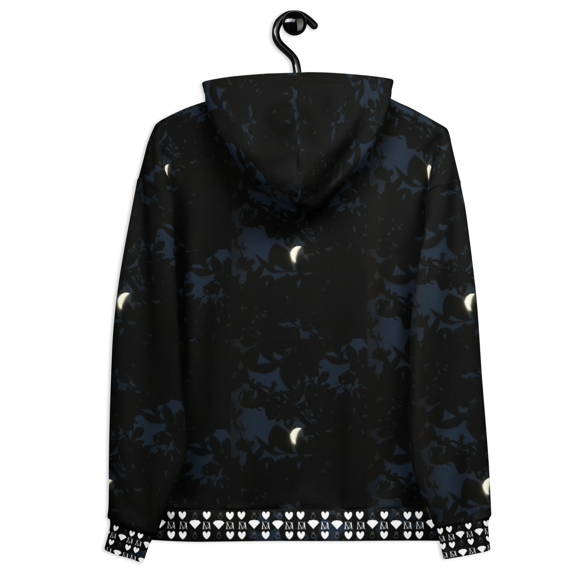 White unisex hoodie with all-over Nightcrawler Coordinate Secret Phase print by Daemon Luxury, featuring a hood and recycled fabric.