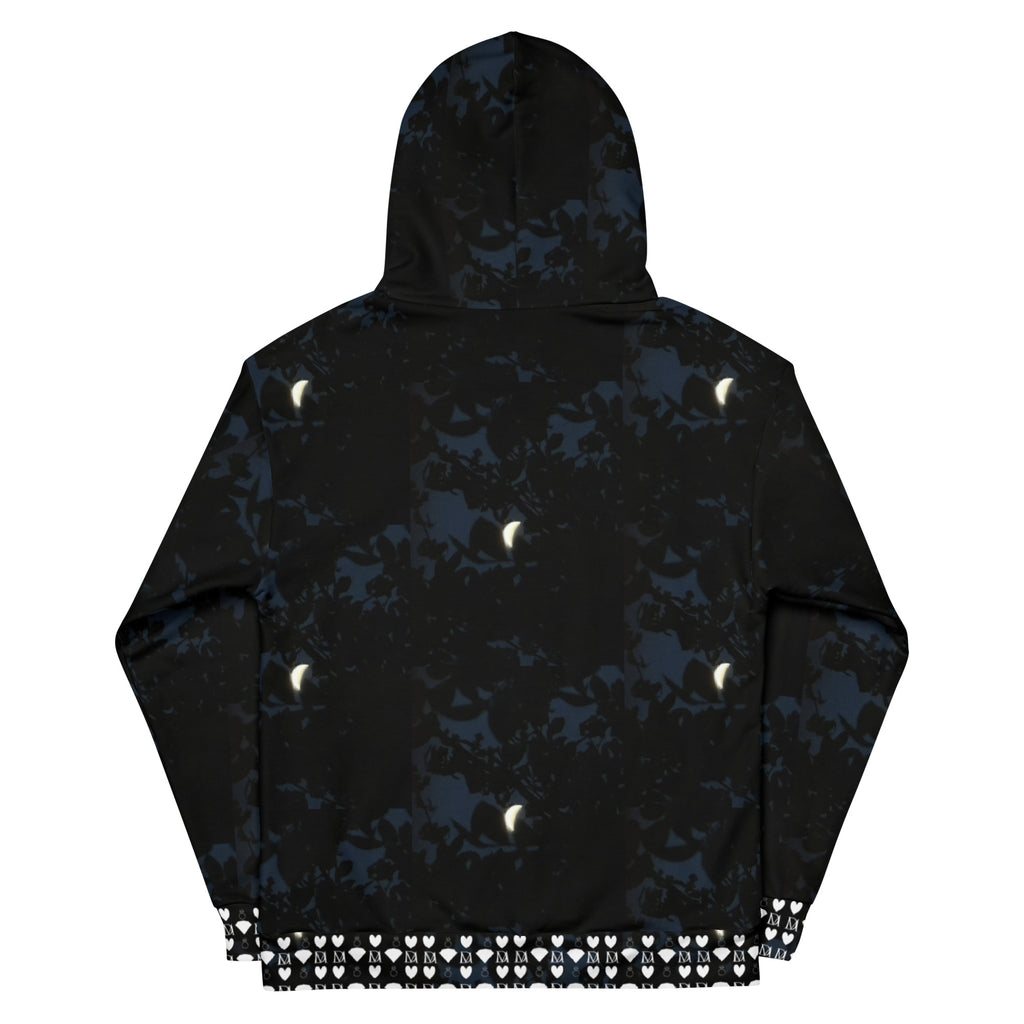 All-over print white unisex hoodie featuring Nightcrawler coordinate design by Daemon Luxury with hood and recycled fabric.