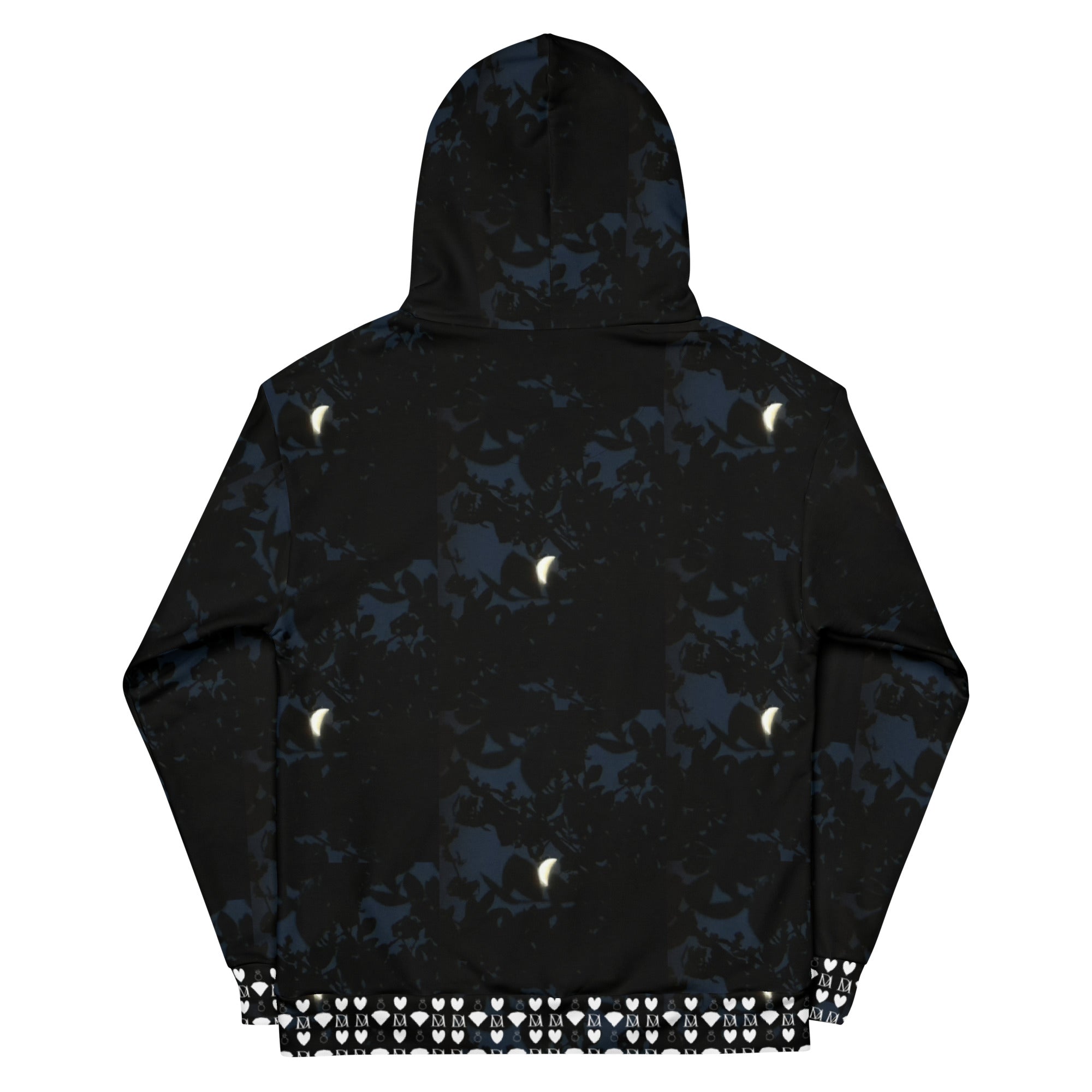 All-over print white unisex hoodie featuring Nightcrawler coordinate design by Daemon Luxury with hood and recycled fabric.