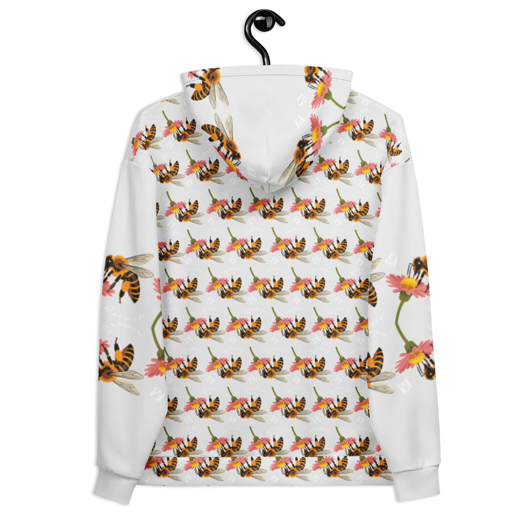 White unisex hoodie with all-over-print design featuring Honeybee Shores Valley Coast by Daemon Luxury, shown from the back.