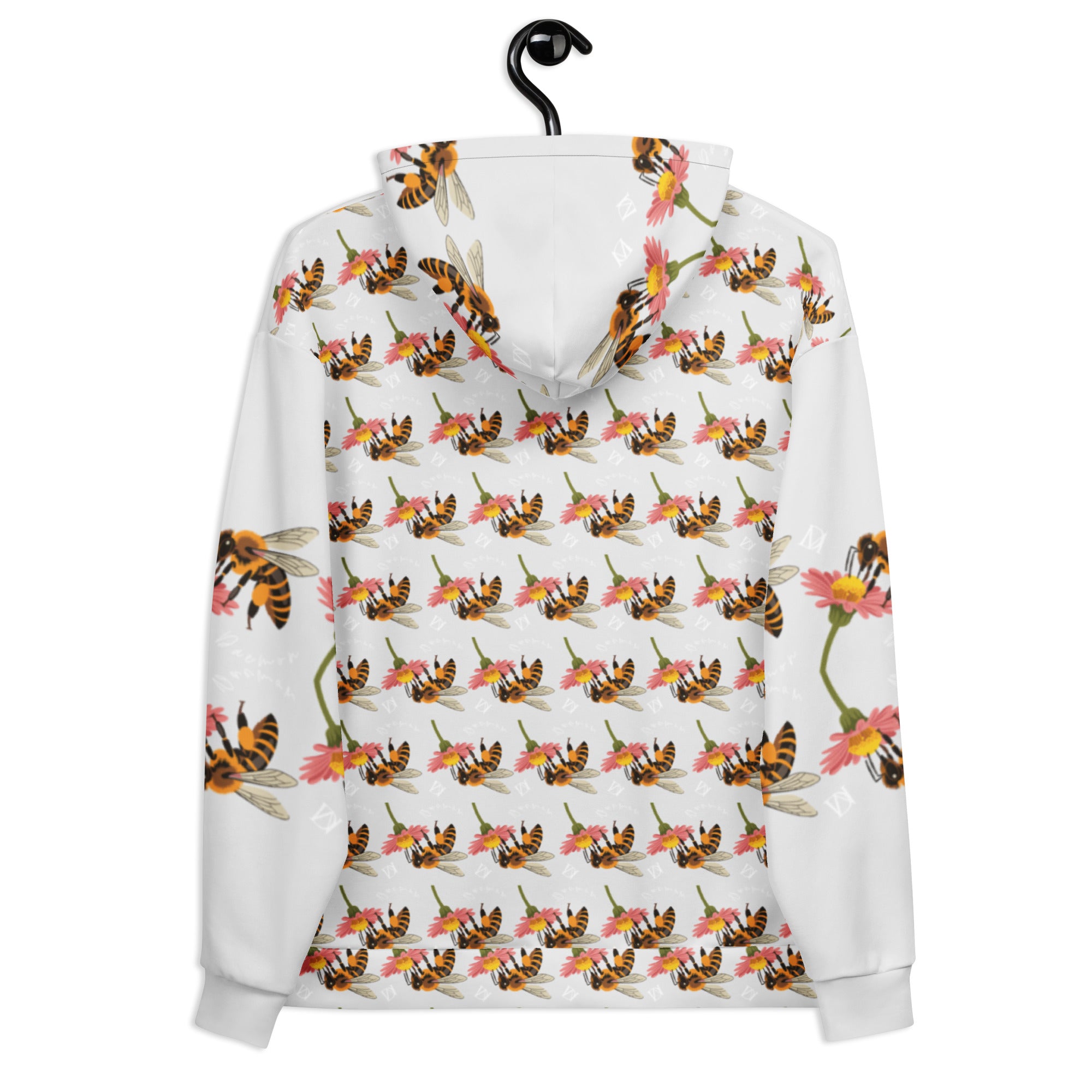 White unisex hoodie with all-over-print design featuring Honeybee Shores Valley Coast by Daemon Luxury, shown from the back.