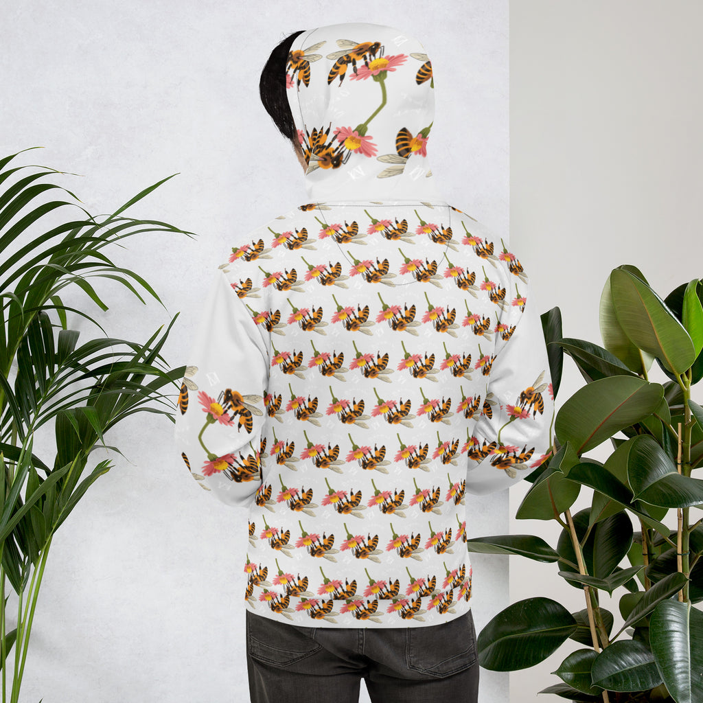 White all-over-print recycled unisex hoodie featuring Honeybee Shores Valley Coast design by Daemon Luxury, shown from the back.