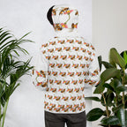 White all-over-print recycled unisex hoodie featuring Honeybee Shores Valley Coast design by Daemon Luxury, shown from the back.