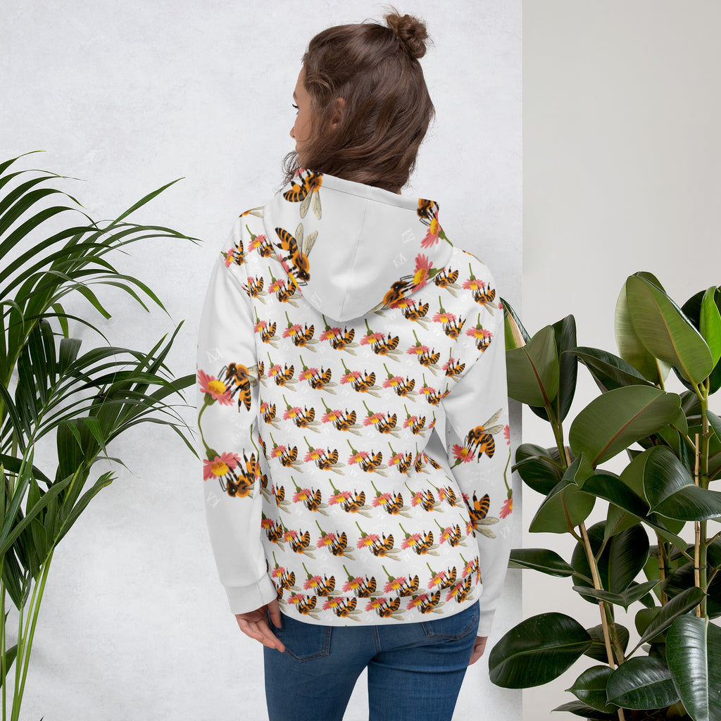 Unisex white hoodie by Daemon Luxury with all-over print inspired by Honeybee Shores Valley Coast, showing the back design.