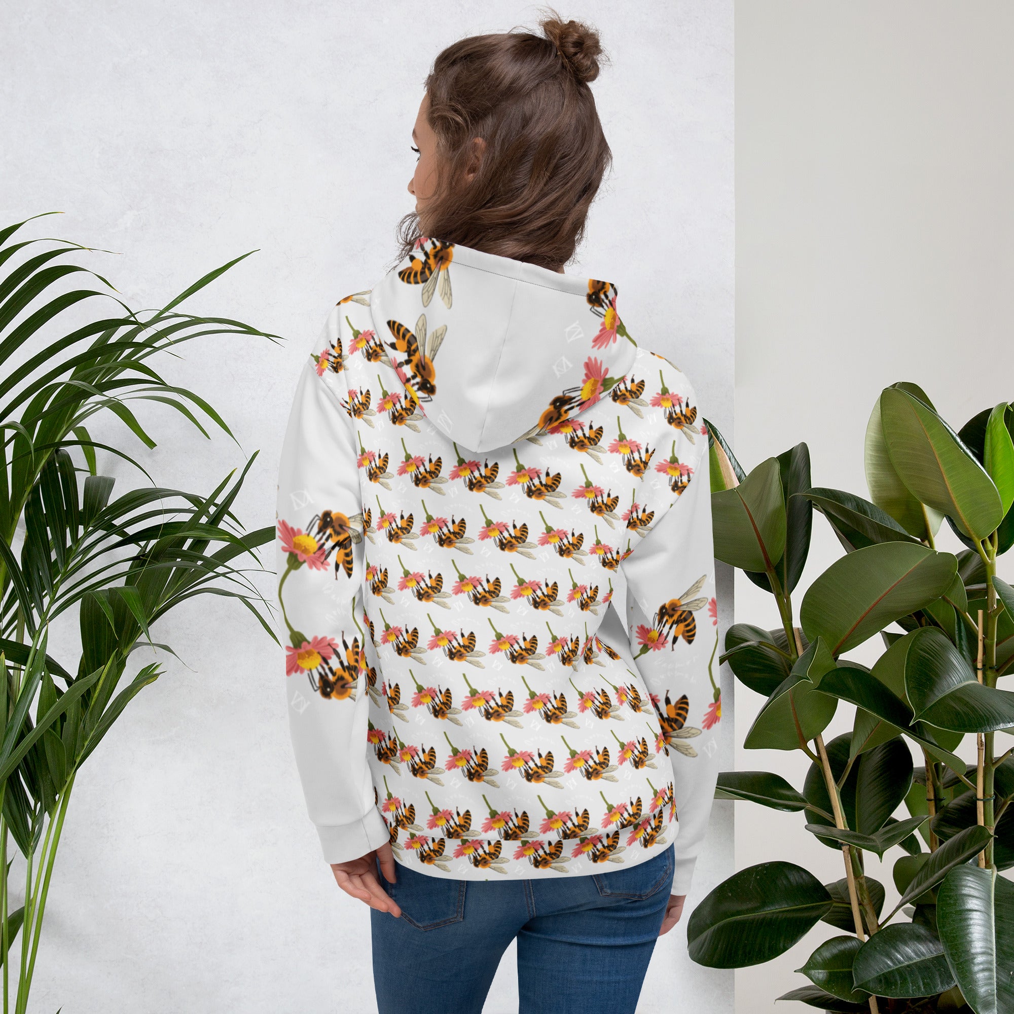 Unisex white hoodie by Daemon Luxury with all-over print inspired by Honeybee Shores Valley Coast, showing the back design.