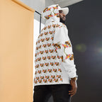 All-over print recycled white unisex hoodie featuring Honeybee Shores Valley Coast design by Daemon Luxury.