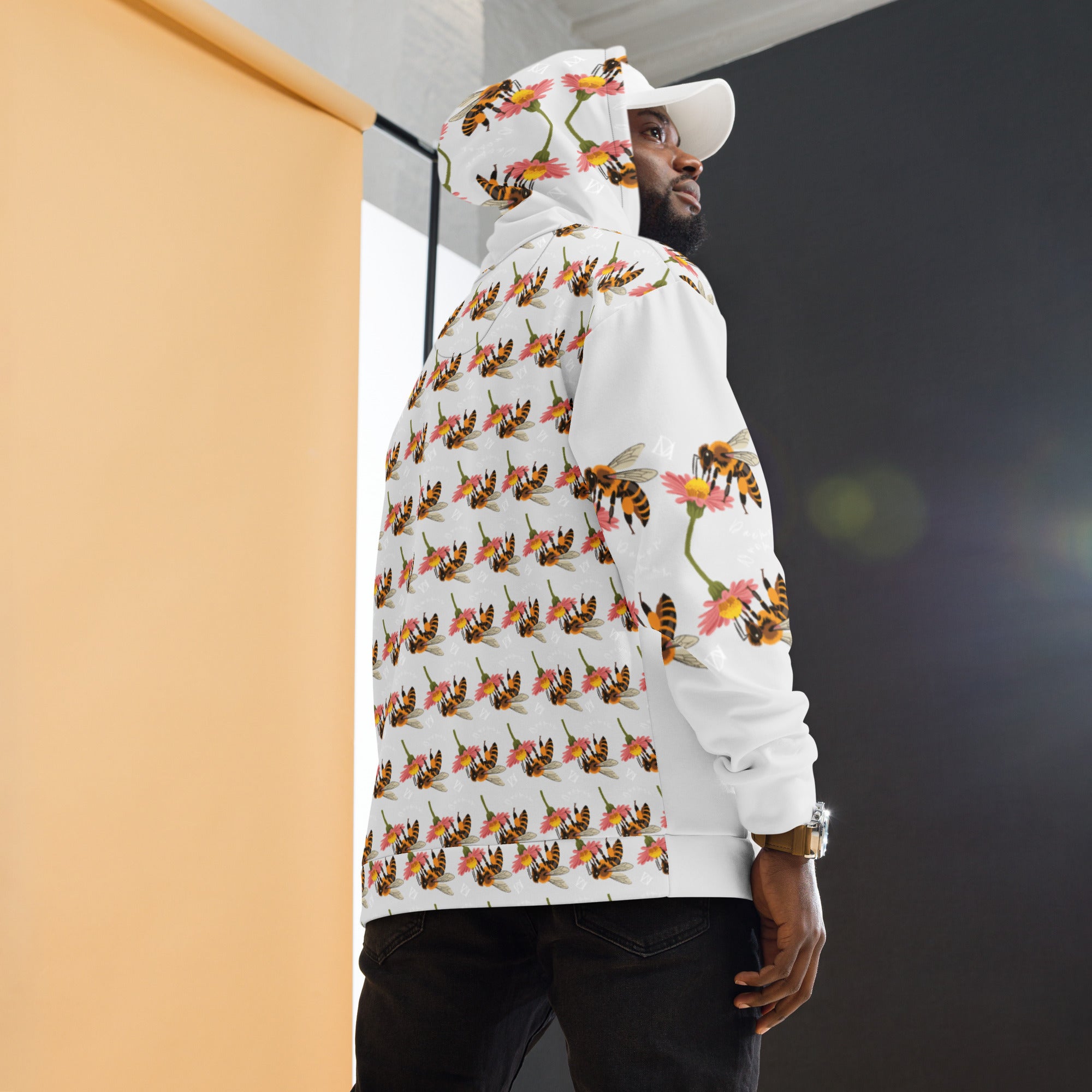 All-over print recycled white unisex hoodie featuring Honeybee Shores Valley Coast design by Daemon Luxury.