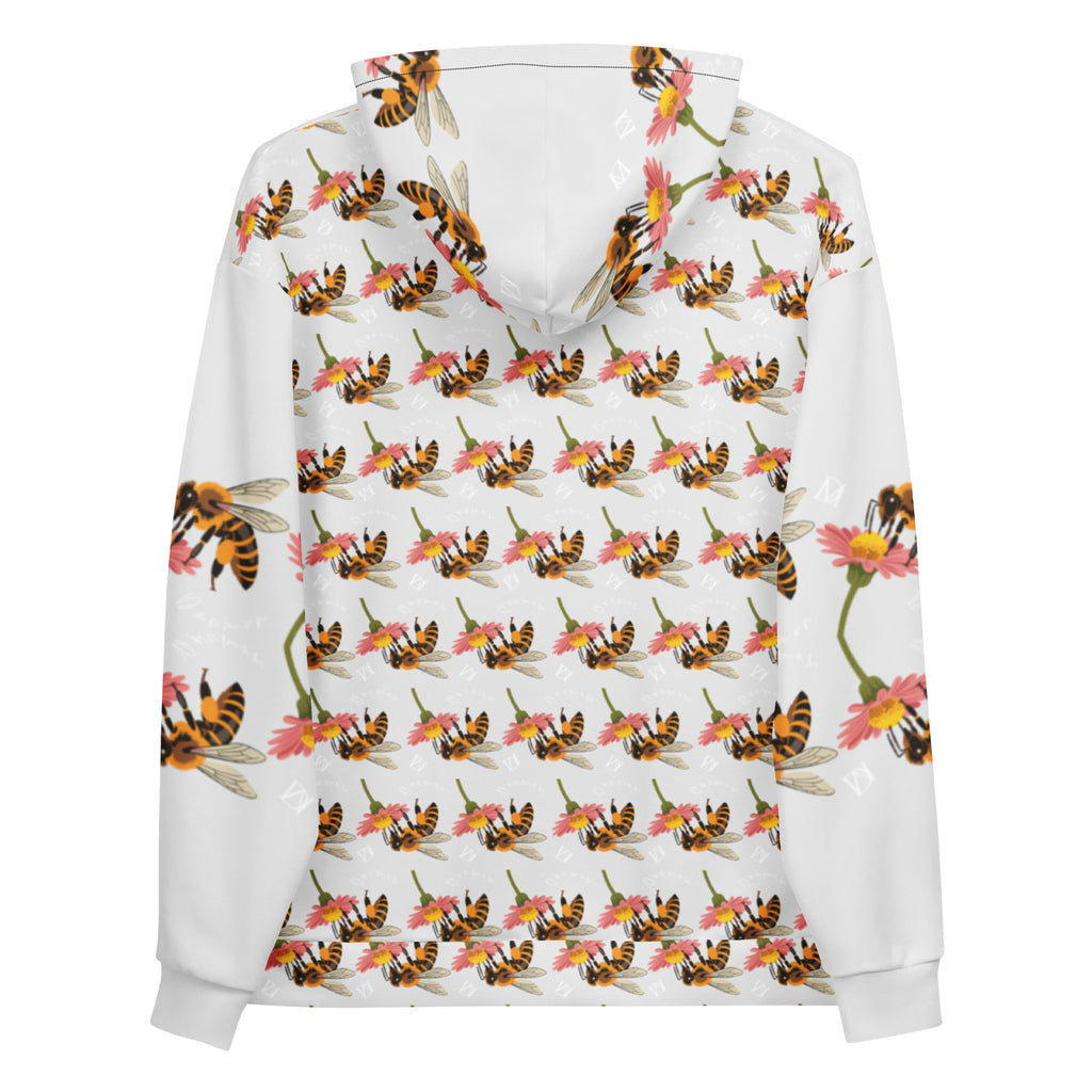White Daemon Luxury Honeybee Shores unisex hoodie with all-over recycled print, featuring a vibrant valley coast design on the back.
