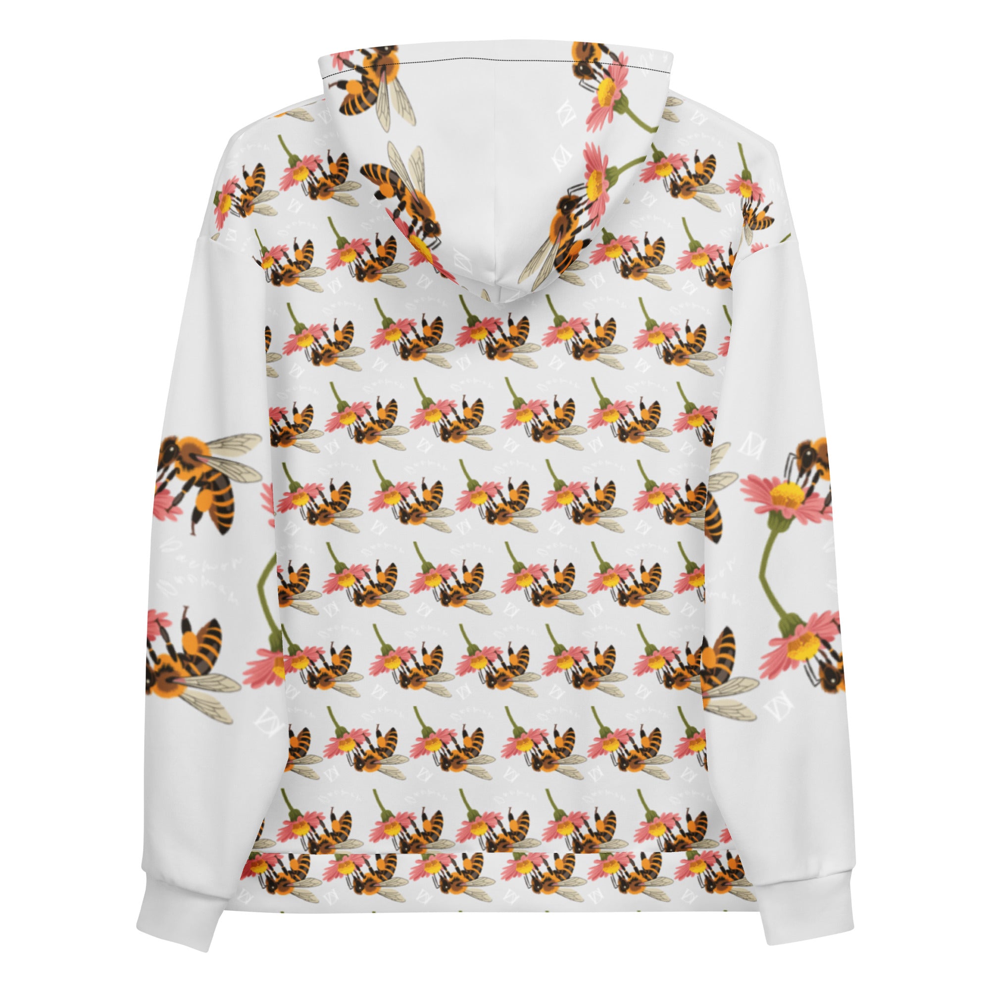 White Daemon Luxury Honeybee Shores unisex hoodie with all-over recycled print, featuring a vibrant valley coast design on the back.