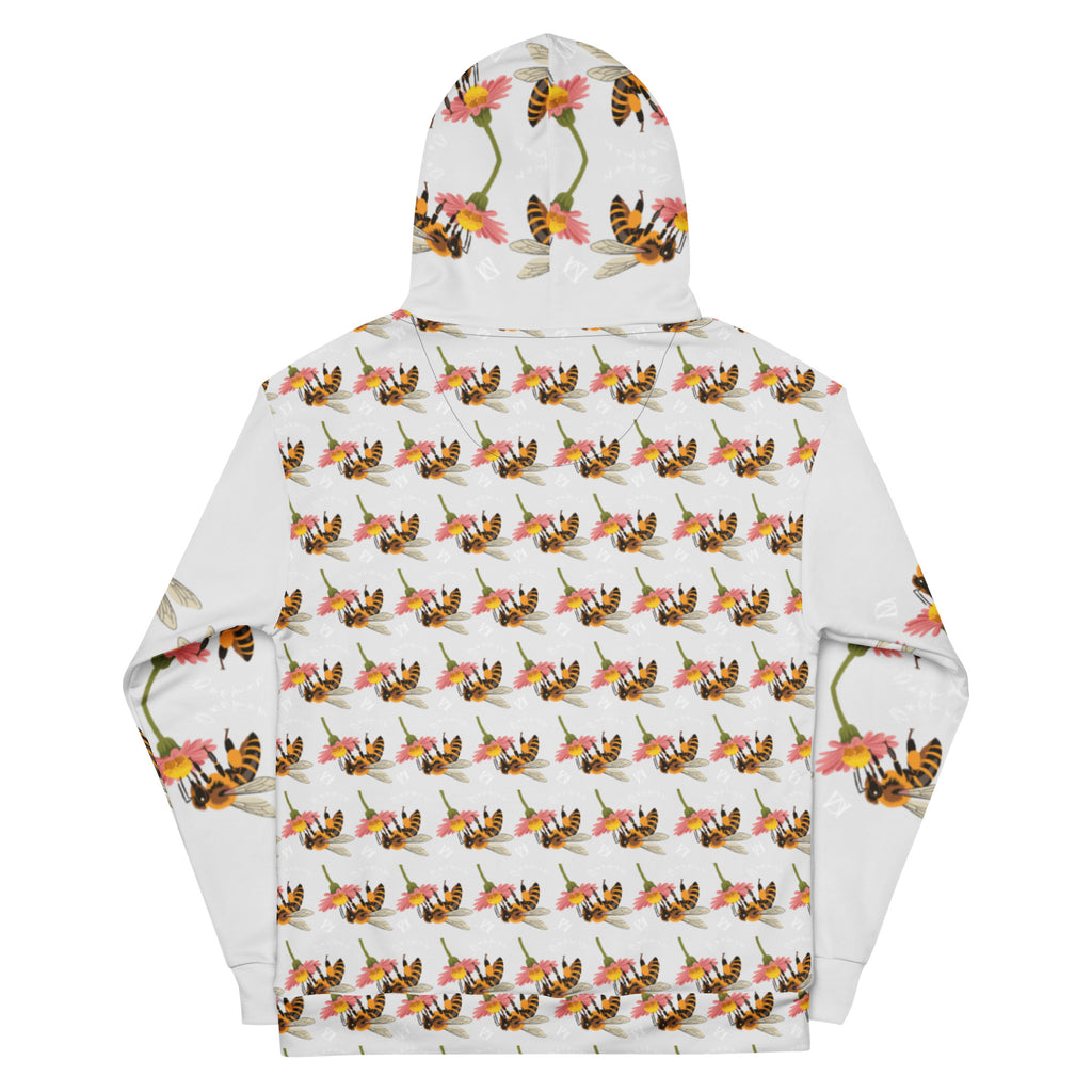 Daemon Luxury Honeybee Shores Valley Coast unisex recycled hoodie with all-over print, white back design.