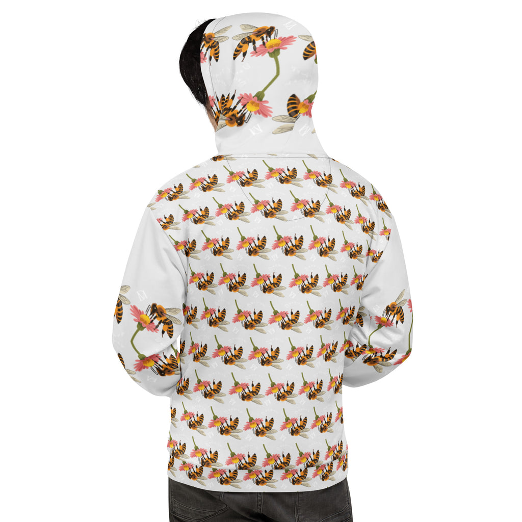 Recycled unisex hoodie with all-over honeybee shore design in white by Daemon Luxury, showcasing front and back print.
