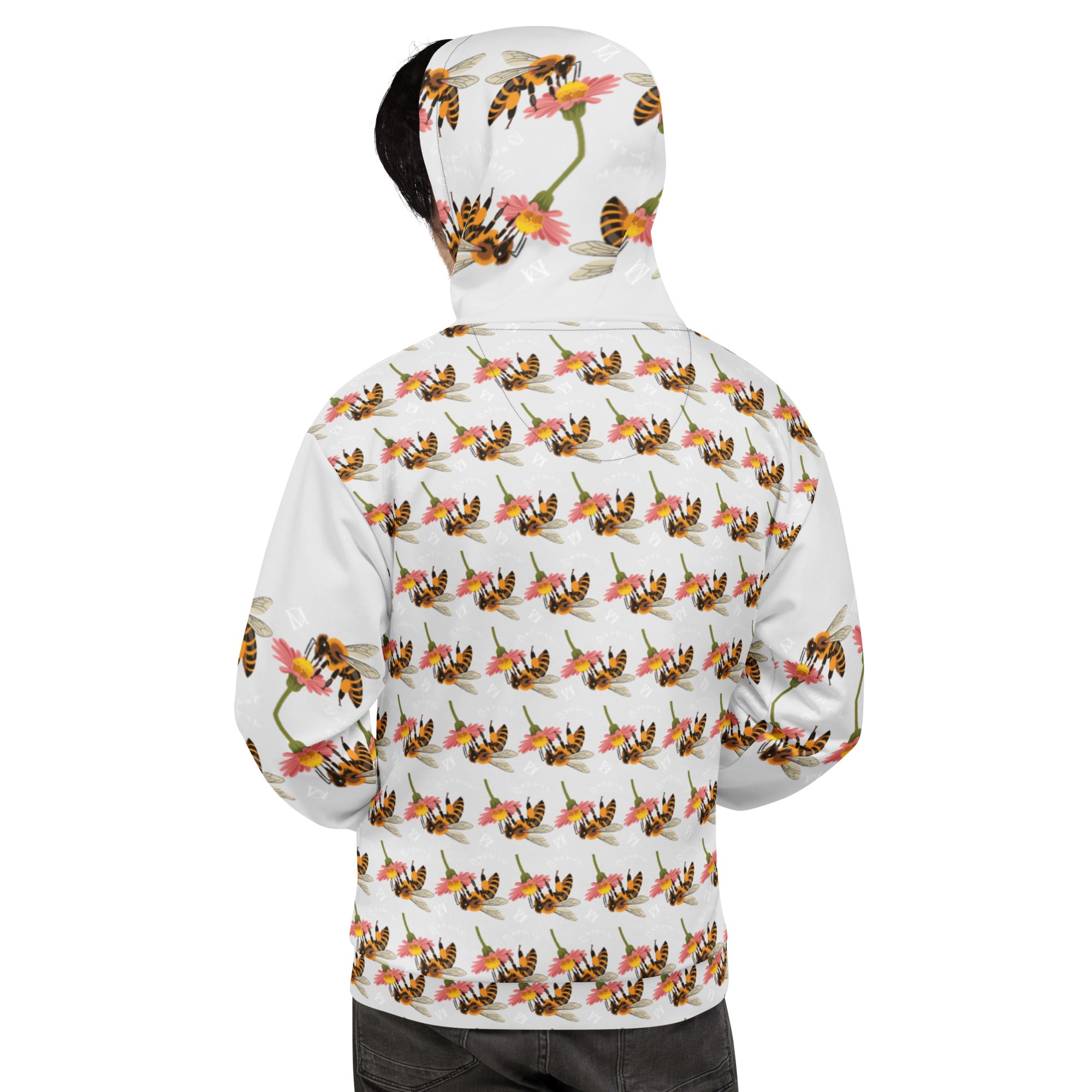 Recycled unisex hoodie with all-over honeybee shore design in white by Daemon Luxury, showcasing front and back print.