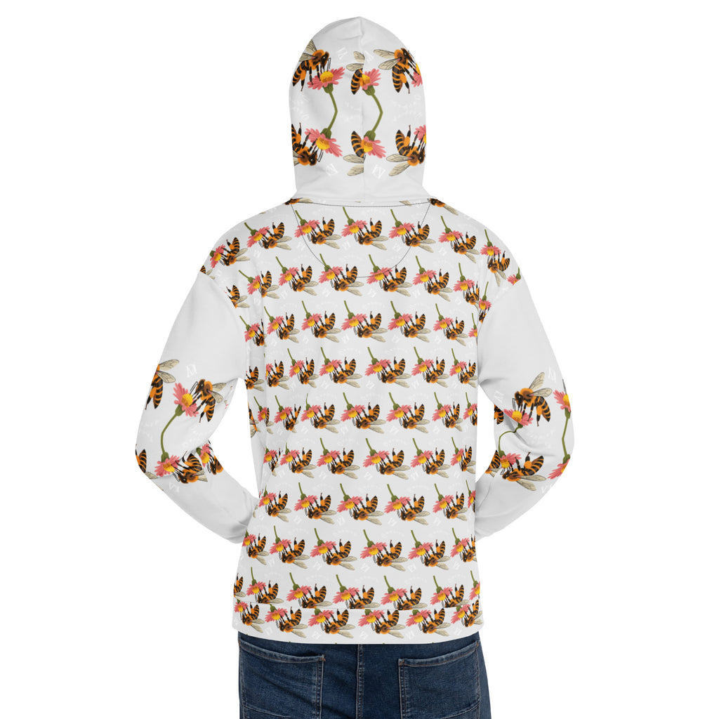 Daemon Luxury Honeybee Shores Valley Coast recycled unisex hoodie in white with all-over print, showing front and back design.