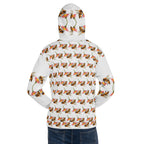 Daemon Luxury Honeybee Shores Valley Coast recycled unisex hoodie in white with all-over print, showing front and back design.