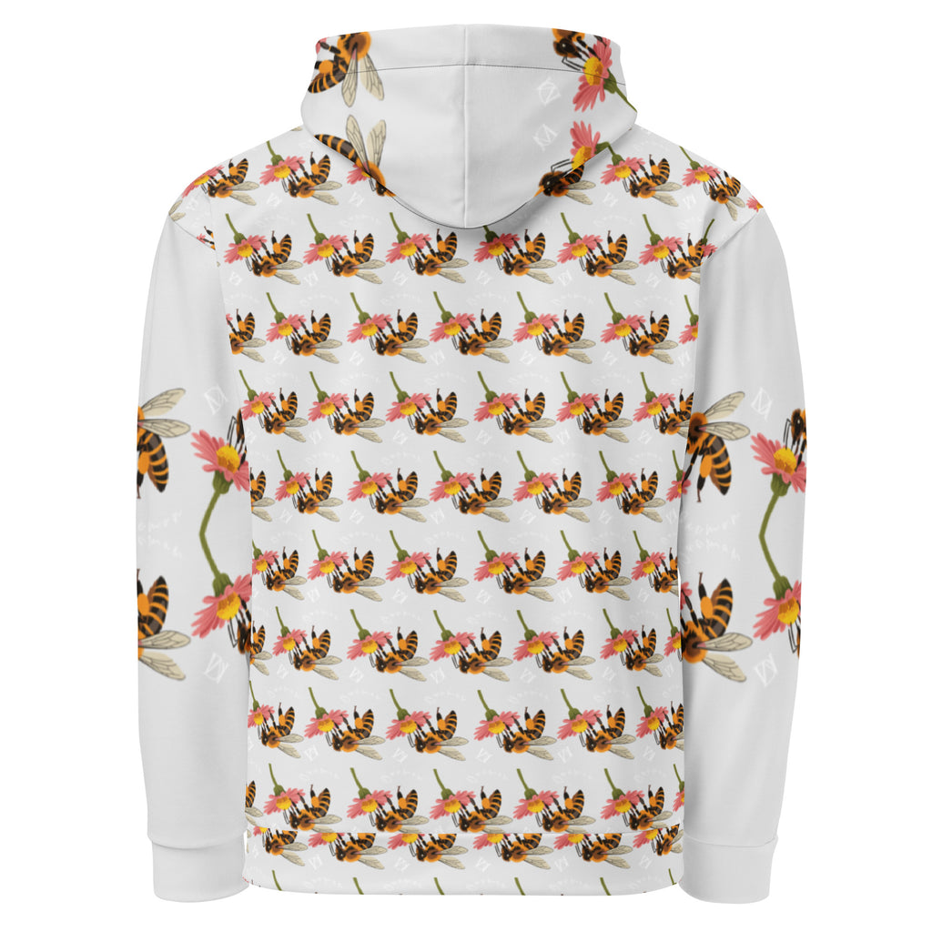Daemon Luxury Honeybee Shores Valley Coast unisex recycled all-over-print white hoodie, back view with vibrant design.
