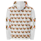 Daemon Luxury Honeybee Shores Valley Coast unisex recycled all-over-print white hoodie, back view with vibrant design.
