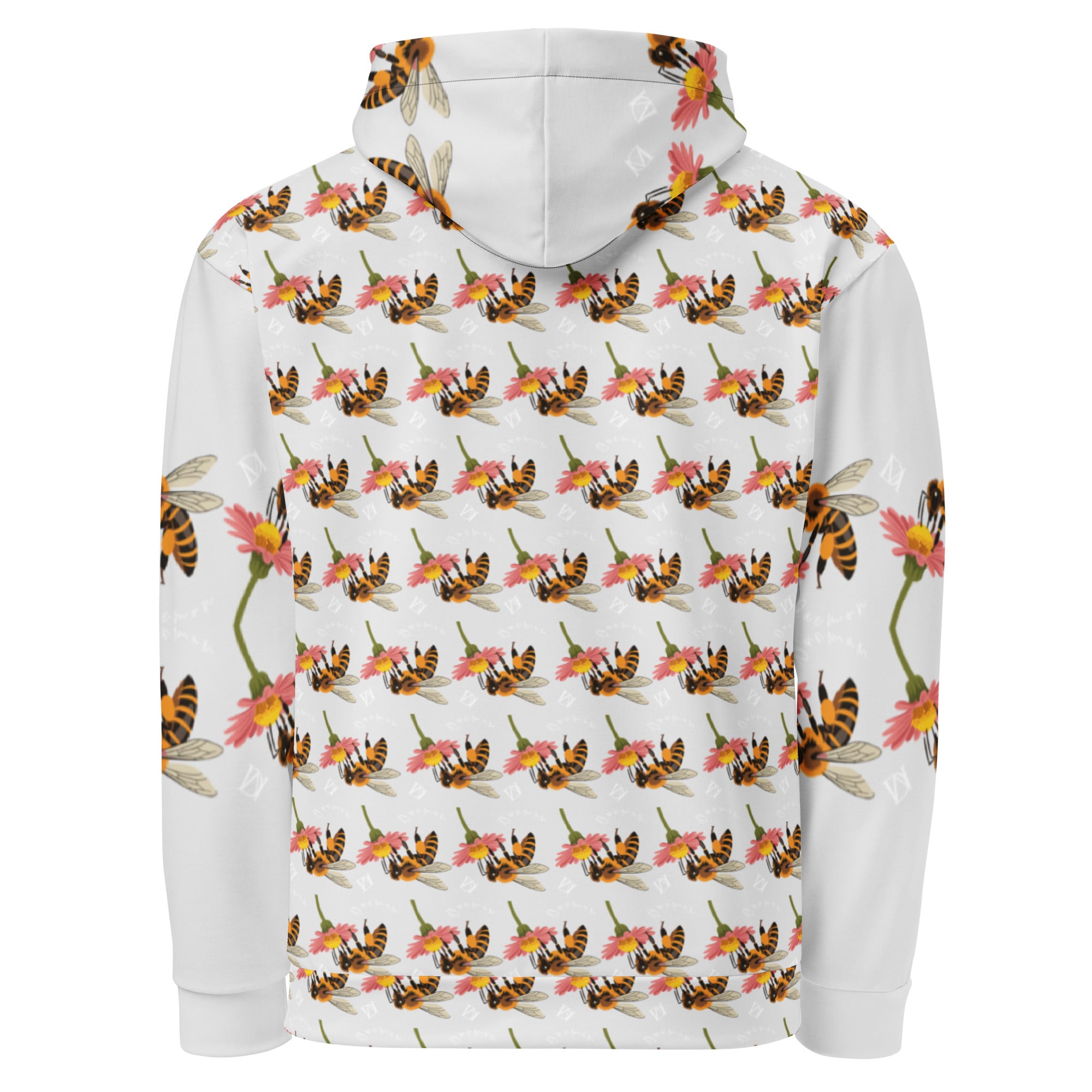 Daemon Luxury Honeybee Shores Valley Coast unisex recycled all-over-print white hoodie, back view with vibrant design.