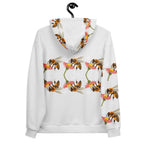 Recycled white unisex hoodie with all-over honeybee shore sun-enriched print by Daemon Luxury, front and back view