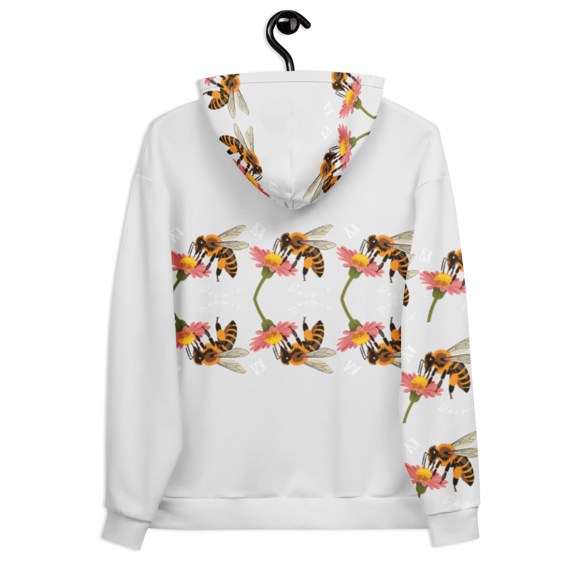 Recycled white unisex hoodie with all-over honeybee shore sun-enriched print by Daemon Luxury, front and back view