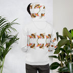 Recycled white unisex hoodie with Honeybee Shores sun-themed all-over print by Daemon Luxury, featuring a hood and front pocket.